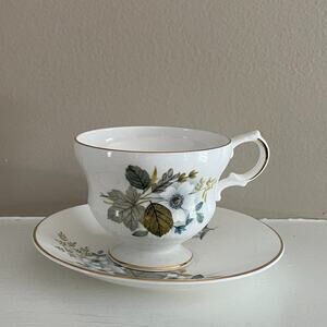 VTG Royal Dover Bone China, Teacup & Saucer, Floral, Gold Trim, Gray, Green